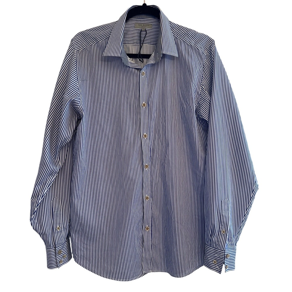 Ted Baker London Mens Blue Striped Button Shirt Floral Cuff Sz 4 L  Career NWOT